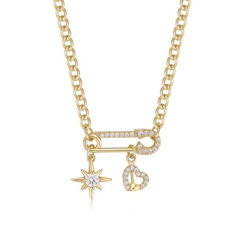 Paperclip Pendant Necklace‎ for Women 14K Gold Plated Paperclip Necklaces Cubic